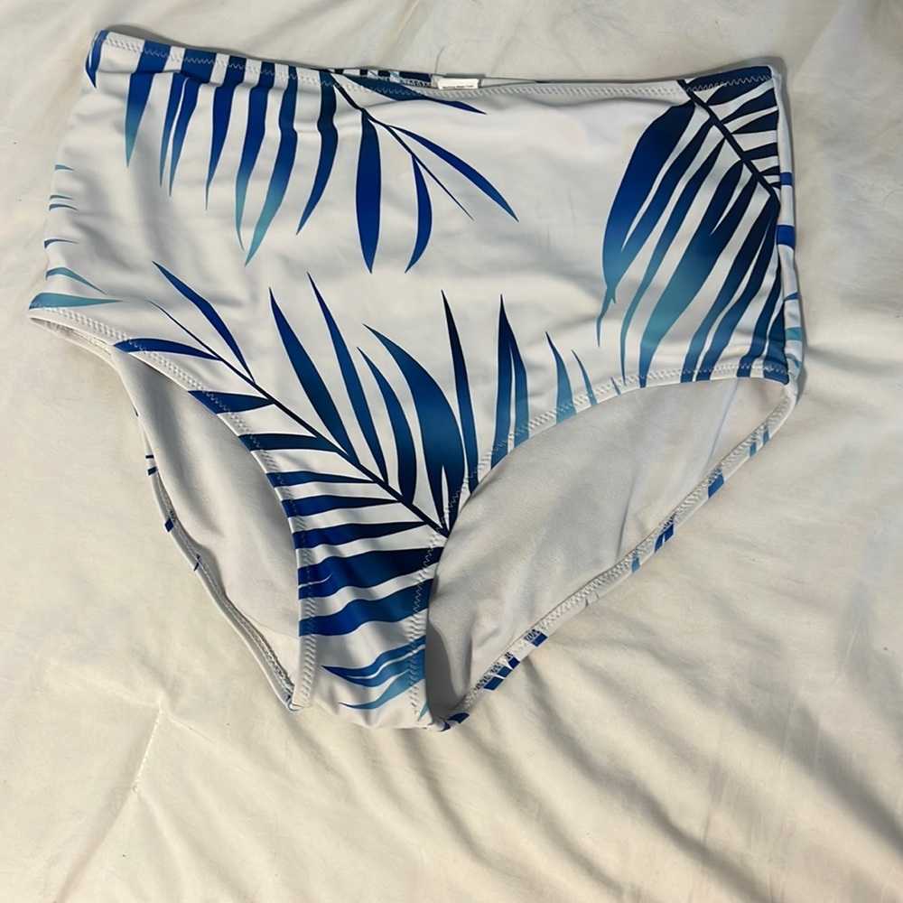 Blue and White tropical swim bottoms, size L